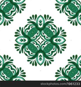 Seamless pattern handdrawn watercolor ornament green and white with decorative elements. Tile design.. Abstract seamless ornamental watercolor arabesque paint tile pattern for fabric