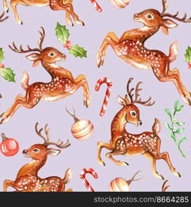 Seamless pattern happy deers and Christmas elements. Hand drawn watercolor illustration. New Year concept. Purple background. For print, design, cards, wrapping paper,fabric, cover,porcelain,wallpaper. Seamless pattern deer with Christmas plants watercolor purple