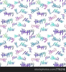 Seamless pattern Happy New Year colorful lettering on white background. Holiday illustration. Design for invitation, wrapping paper, card, textile, backdrop