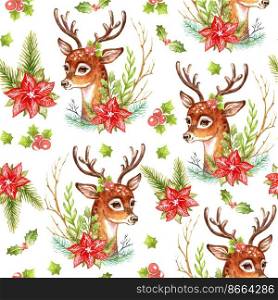 Seamless pattern heads of deer and Christmas plants. Hand drawn watercolor illustration for Christmas and New Year season. For print and design cards, wrapping paper, fabric, cover, banner, porcelain.. Seamless pattern head of deer with Christmas plants watercolor