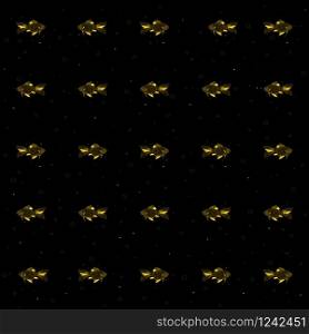 Seamless pattern illustrating a goldfish in two opposite moving positions, graphic items over a black background with bubbles