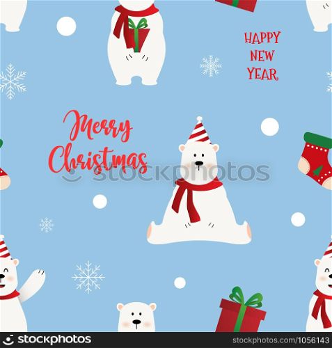 Seamless Pattern of Christmas bear with decoration, Merry Christmas and Happy New Year
