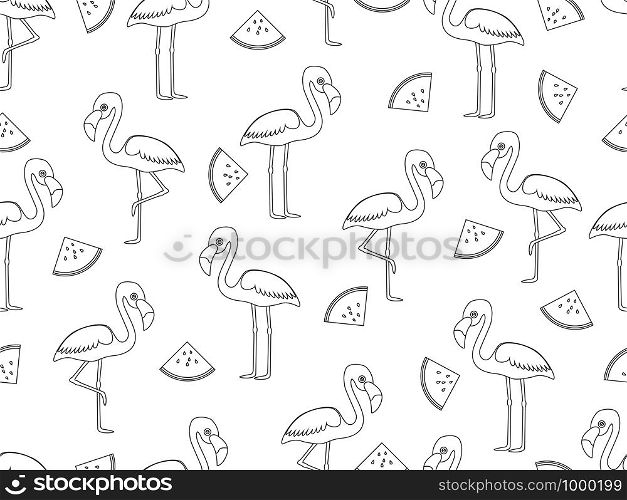 Seamless pattern of flamingo with slice watermelon doodle style on white background - Vector illustration