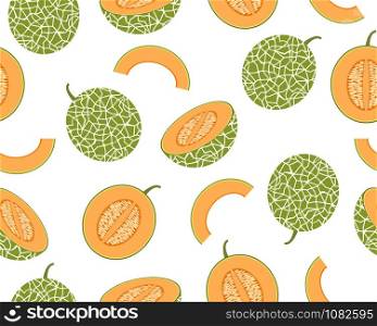 Seamless pattern of fresh cantaloupe melon isolated on white background - Vector illustration