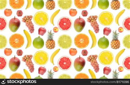 Seamless pattern of fresh juicy vegetables and fruits useful for health isolated on white background.