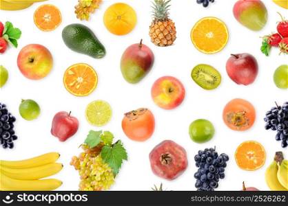 Seamless pattern of fresh vegetables and fruits useful for health isolated on white background.