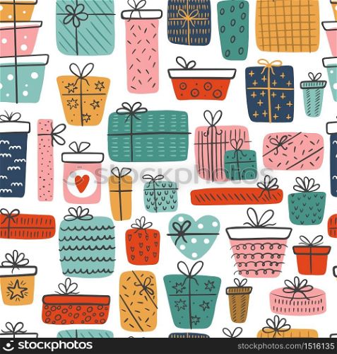 Seamless pattern of hand-drawn different gift boxes isolated on a white background. Colorful gifts for prints, cards, scrapbook.