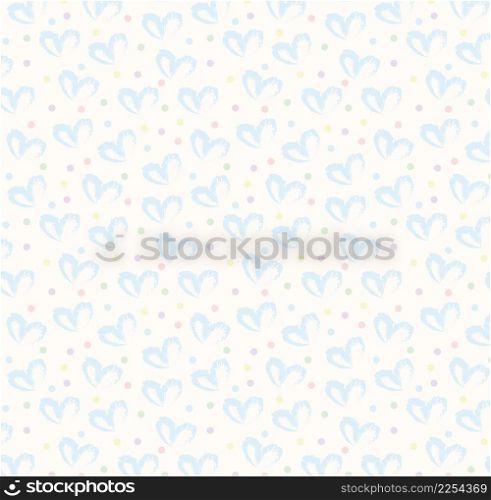 Seamless pattern of hand drawn simple hearts in blue on beige and neutral background with colored dots in pastel rainbow colors