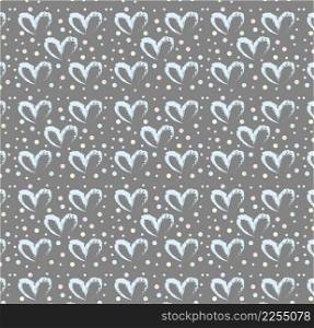 Seamless pattern of hand drawn simple hearts in blue on gray background with colored dots in pastel rainbow colors