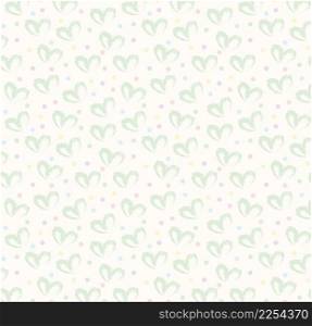 Seamless pattern of hand drawn simple hearts in green on beige and neutral background with colored dots in pastel rainbow colors