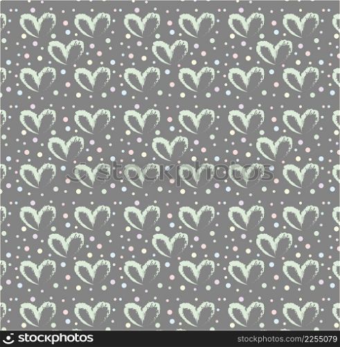 Seamless pattern of hand drawn simple hearts in green on gray background with colored dots in pastel rainbow colors
