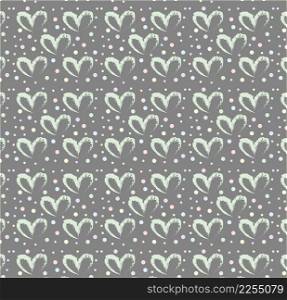 Seamless pattern of hand drawn simple hearts in green on gray background with colored dots in pastel rainbow colors