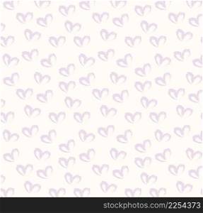 Seamless pattern of hand drawn simple hearts in pastel purple color on beige and neutral background