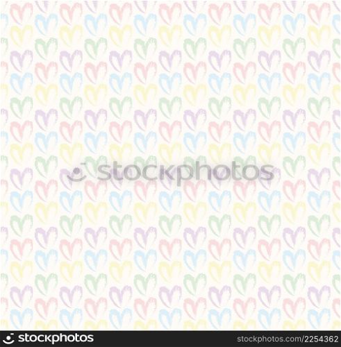 Seamless pattern of hand drawn simple hearts in pastel rainbow colors on beige and neutral background