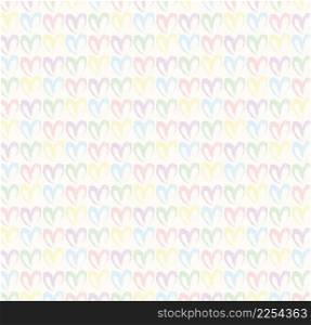 Seamless pattern of hand drawn simple hearts in pastel rainbow colors on beige and neutral background