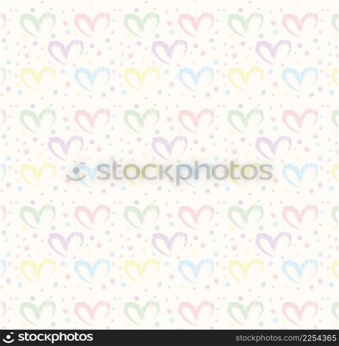 Seamless pattern of hand drawn simple hearts in pastel rainbow colors on beige and neutral background with colored dots