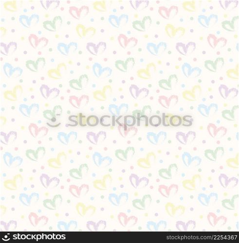 Seamless pattern of hand drawn simple hearts in pastel rainbow colors on beige and neutral background with colored dots