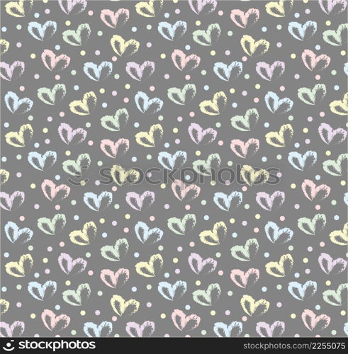 Seamless pattern of hand drawn simple hearts in pastel rainbow colors on gray background with colored dots