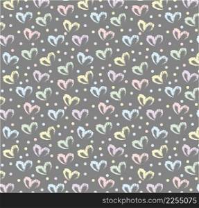 Seamless pattern of hand drawn simple hearts in pastel rainbow colors on gray background with colored dots