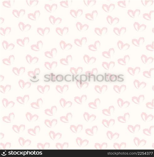 Seamless pattern of hand drawn simple hearts in pastel red color on beige and neutral background