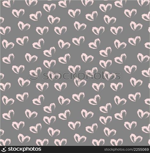 Seamless pattern of hand drawn simple hearts in pastel red color on gray background