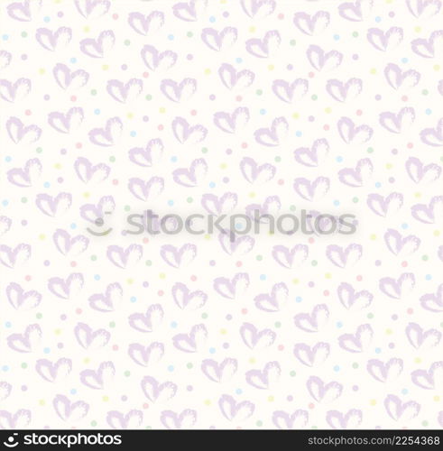 Seamless pattern of hand drawn simple hearts in purple on beige and neutral background with colored dots in pastel rainbow colors