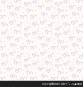 Seamless pattern of hand drawn simple hearts in purple on beige and neutral background with colored dots in pastel rainbow colors