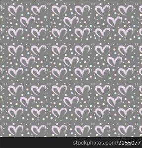 Seamless pattern of hand drawn simple hearts in purple on gray background with colored dots in pastel rainbow colors