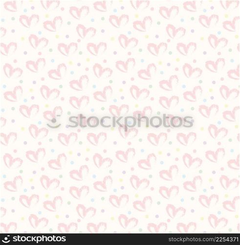 Seamless pattern of hand drawn simple hearts in red on beige and neutral background with colored dots in pastel rainbow colors