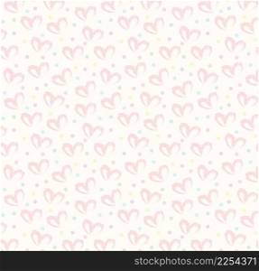 Seamless pattern of hand drawn simple hearts in red on beige and neutral background with colored dots in pastel rainbow colors