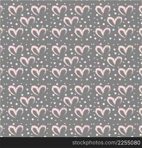Seamless pattern of hand drawn simple hearts in red on gray background with colored dots in pastel rainbow colors