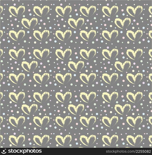 Seamless pattern of hand drawn simple hearts in yellow on gray background with colored dots in pastel rainbow colors