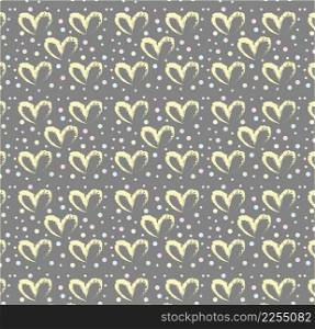 Seamless pattern of hand drawn simple hearts in yellow on gray background with colored dots in pastel rainbow colors