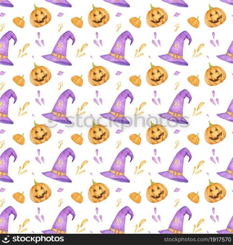 Seamless pattern of hand drawn watercolor Halloween clip art. Seamless pattern of watercolor Halloween clip art