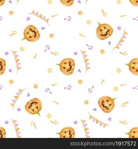 Seamless pattern of hand drawn watercolor Halloween clip art. Seamless pattern of watercolor Halloween clip art on white background