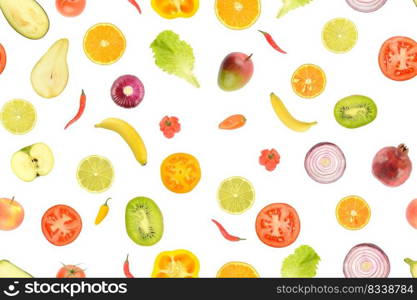 Seamless pattern of juicy vegetables and fruits useful for health isolated on white background.