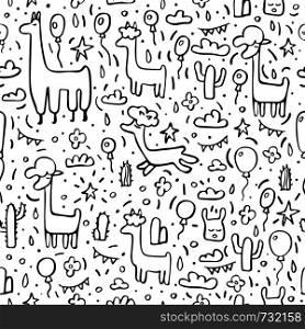 Seamless pattern of lama. Endless background in doodle style. Vector illustration.
