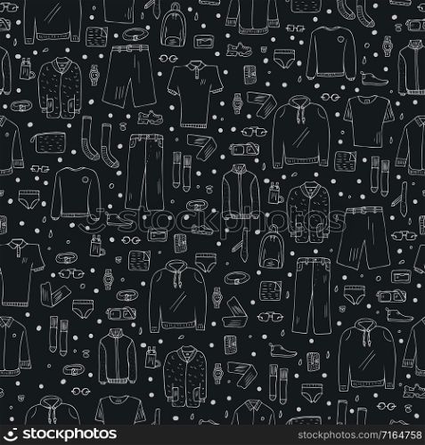 Seamless pattern of men apparel and accessories in doodle style. Collection of male clothes, shoes endless background. Vector black and white design illustration.