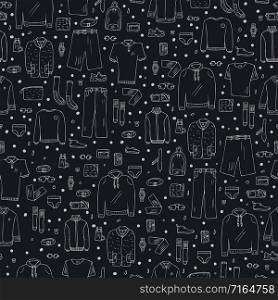 Seamless pattern of men apparel and accessories in doodle style. Collection of male clothes, shoes endless background. Vector black and white design illustration.