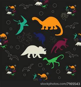 Seamless pattern of multicolored silhouettes of dinosaurs and other shapes. Vector illustration that is suitable for decorating fabric and textiles, Wallpapers, web page backgrounds or postcards.