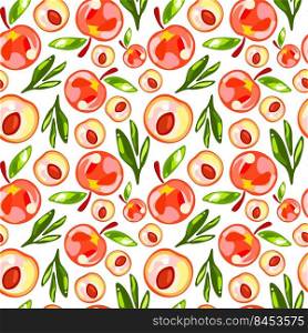 Seamless pattern of peaches with leaves on white background. Seamless pattern of peaches