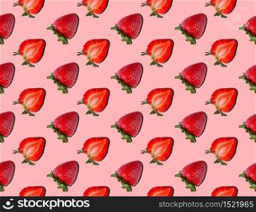 Seamless Pattern of Strawberry on Pink Background. Food concept. Summer minimalism. Flat lay.. Seamless Pattern of Strawberry on Pink Background. Food concept. Summer minimalism. Flat lay