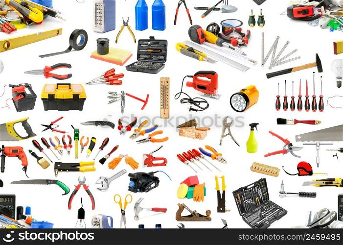 Seamless pattern of tools necessary for the repair and maintenance of the house. Isolated on white.