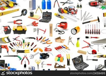 Seamless pattern of tools necessary for the repair and maintenance of the house. Isolated on white.