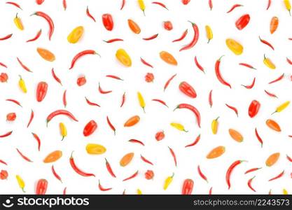 Seamless pattern of various varieties of pepper isolated on white background.