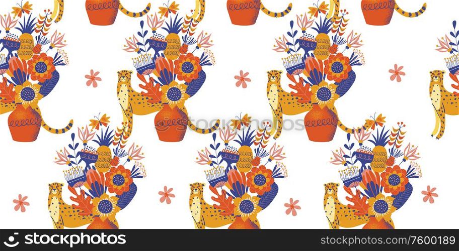 Seamless pattern on a white background. Cheetah and a vase with a large bouquet of different colors.. Seamless pattern on a white background. Cheetah and flowers.