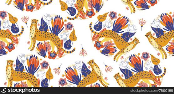 Seamless pattern on a white background. Cheetah is among the exotic bright colors . Vector illustration.. Seamless pattern. Cheetah among colorful flowers . Vector illustration.