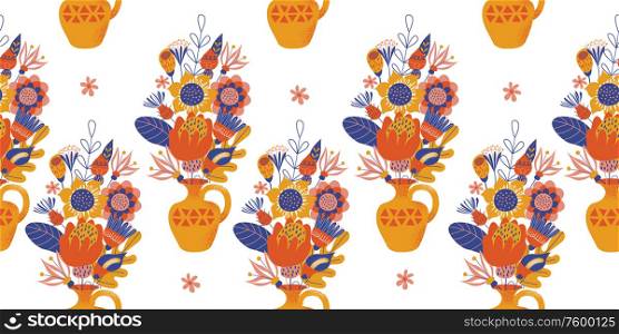 Seamless pattern on a white background. Yellow vase decorated with ornaments with a large bouquet of different colors.. Seamless pattern on a white background. Yellow vase with a bouquet of flowers .