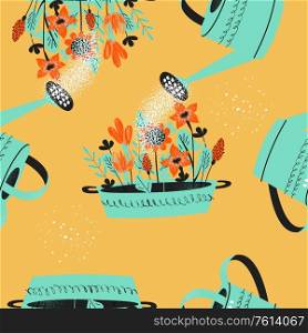 Seamless pattern on a yellow background. Flower seedlings are watered from a garden watering can. Vector illustration in a modern trend style.. Seamless pattern on a yellow background. Flower seedlings are watered from a garden watering can.
