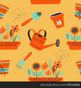 Seamless pattern on a yellow background. Tools for seasonal work in the garden. Vector illustration in trend style with hand drawn texture.. Seamless pattern on a yellow background. Tools for seasonal work in the garden.